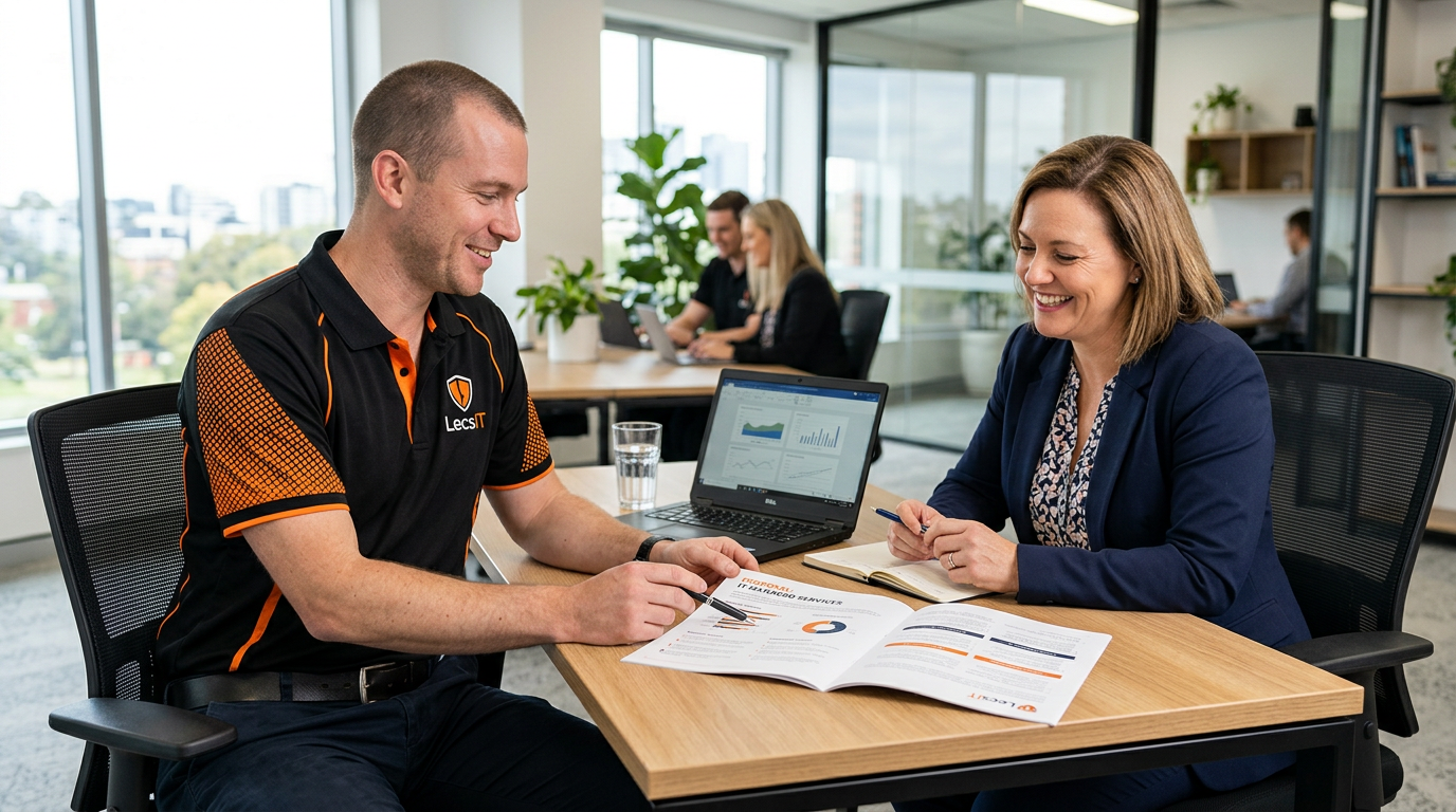 LecsIT technician reviewing an IT proposal with a client