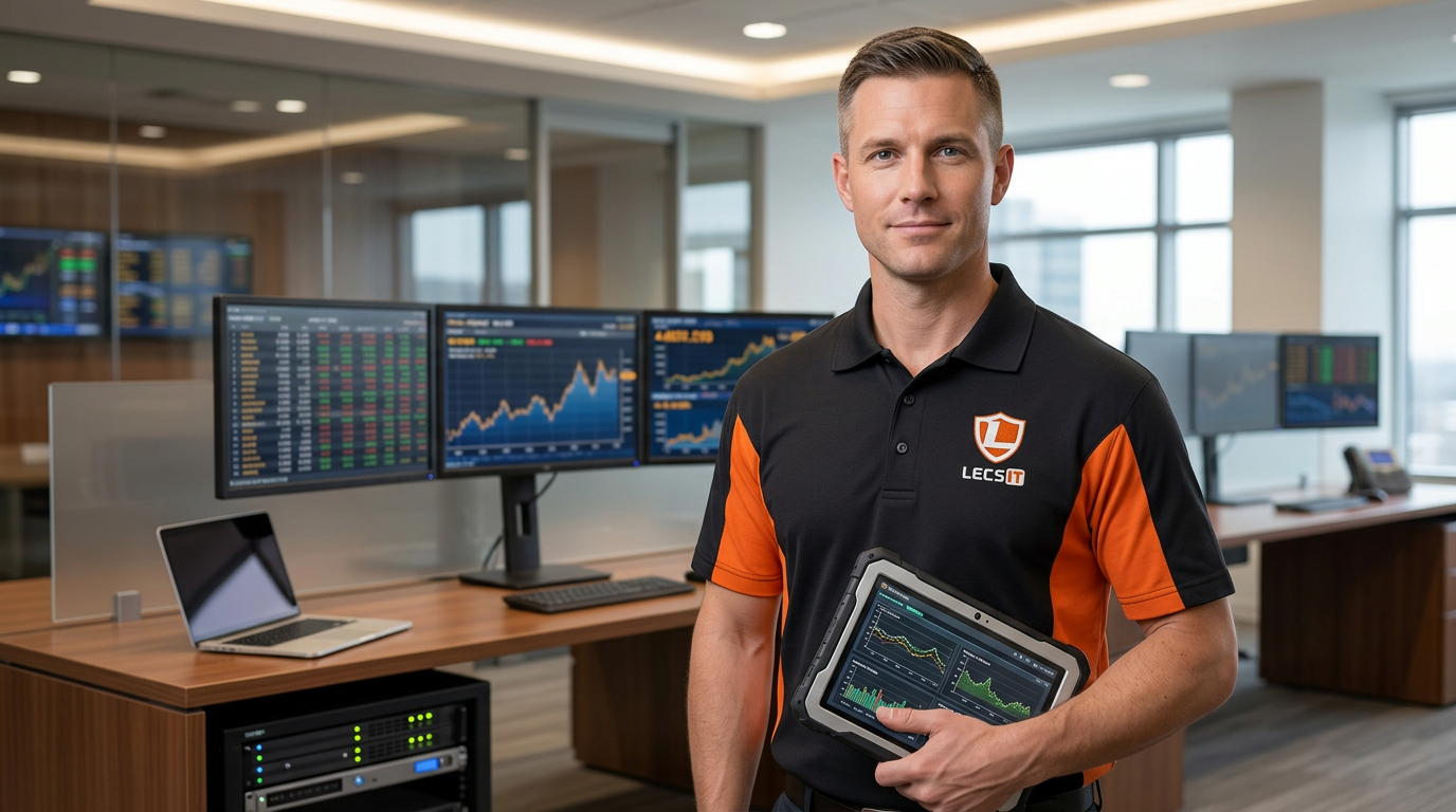 LecsIT technician wearing the company polo shirt in a financial services office