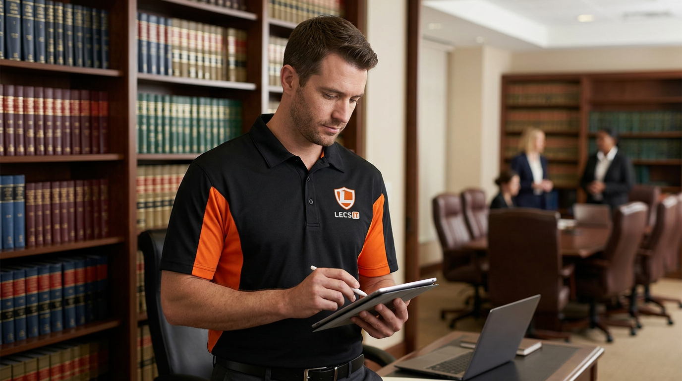 LecsIT technician wearing the company polo shirt supporting a law firm
